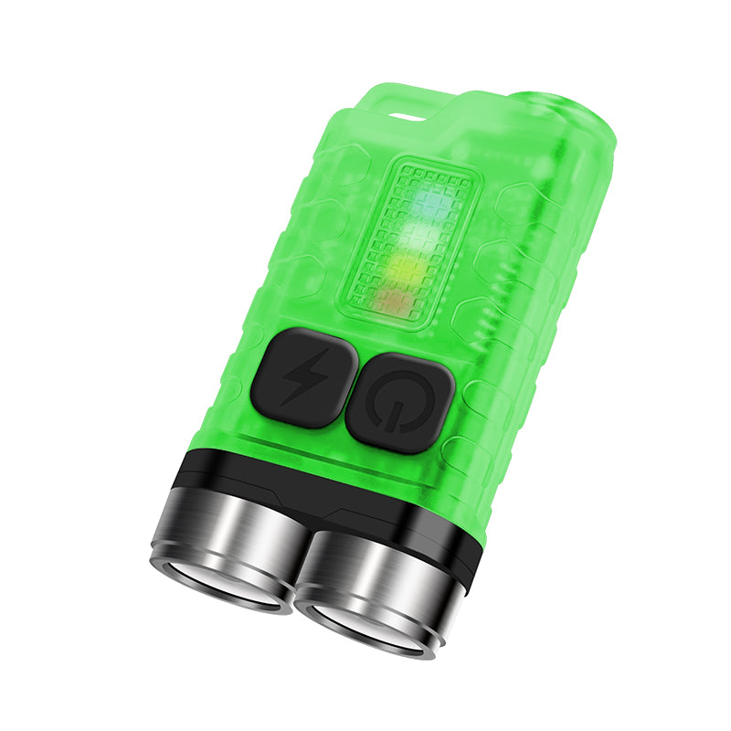 Angled side view of the luminous white SPERAS V3 keychain flashlight showing durable construction and integrated pocket clip