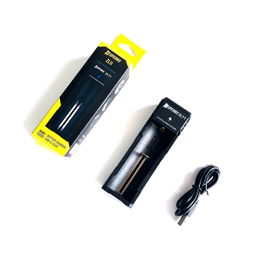 SPERAS ZL11 single-slot battery charger complete retail packaging and included accessories with USB cable
