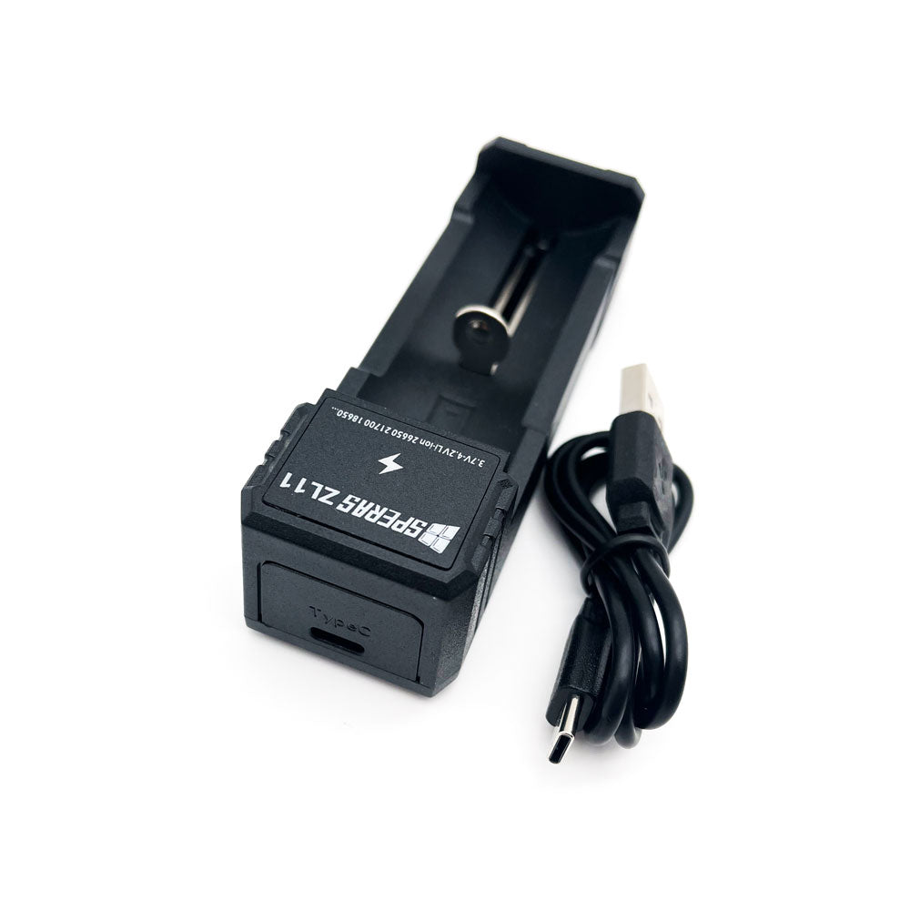 Angled view of the SPERAS ZL11 battery charger highlighting the universal Type-C input port and the included USB-C cable