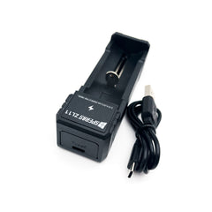 Angled view of the SPERAS ZL11 battery charger highlighting the universal Type-C input port and the included USB-C cable