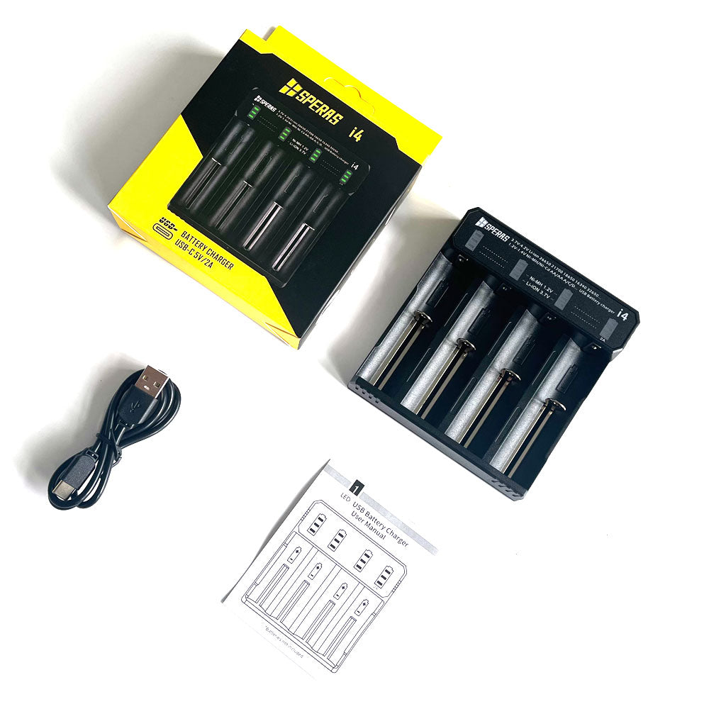 SPERAS i4 battery charger complete retail packaging and included accessories: charging unit, USB cable, and user manual