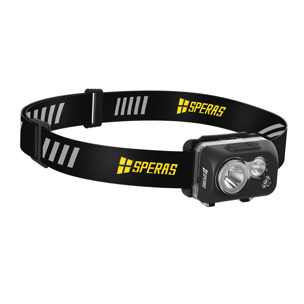 alt='SPERAS B7 dual-fuel headlamp with adjustable elastic headband 600 lumens ultra-lightweight running headlight'