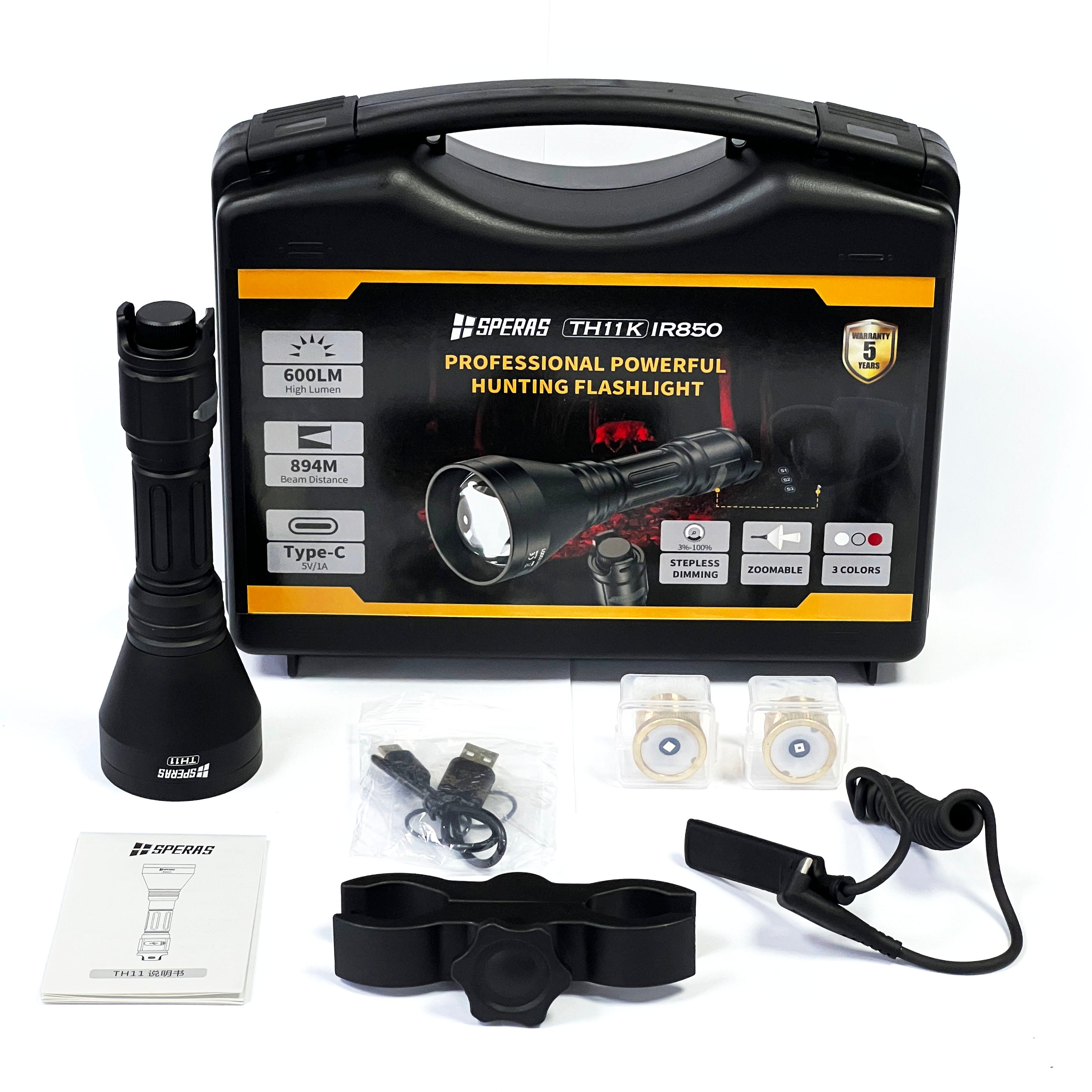 SPERAS TH11K IR850 hunting flashlight kit featuring infrared night vision LED module and complete gear mounting accessories