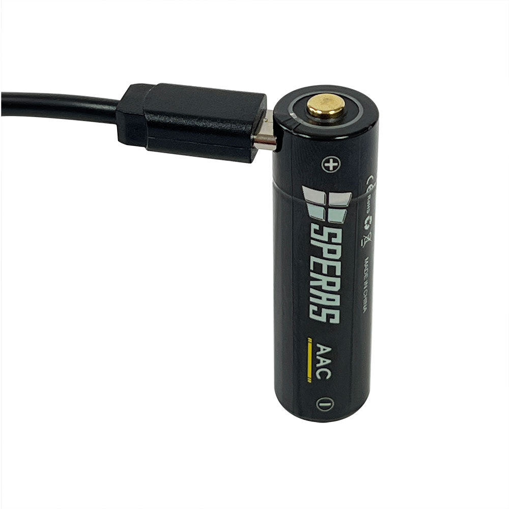 SPERAS AAC battery charging directly via USB-C cable with red indicator light