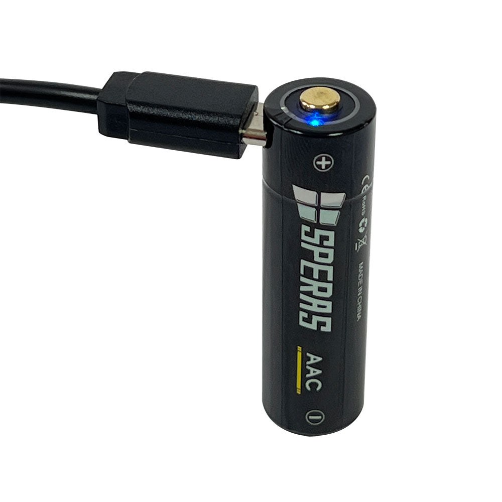 SPERAS AAC battery fully charged showing blue indicator light with USB-C cable