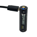 SPERAS AAC battery fully charged showing blue indicator light with USB-C cable