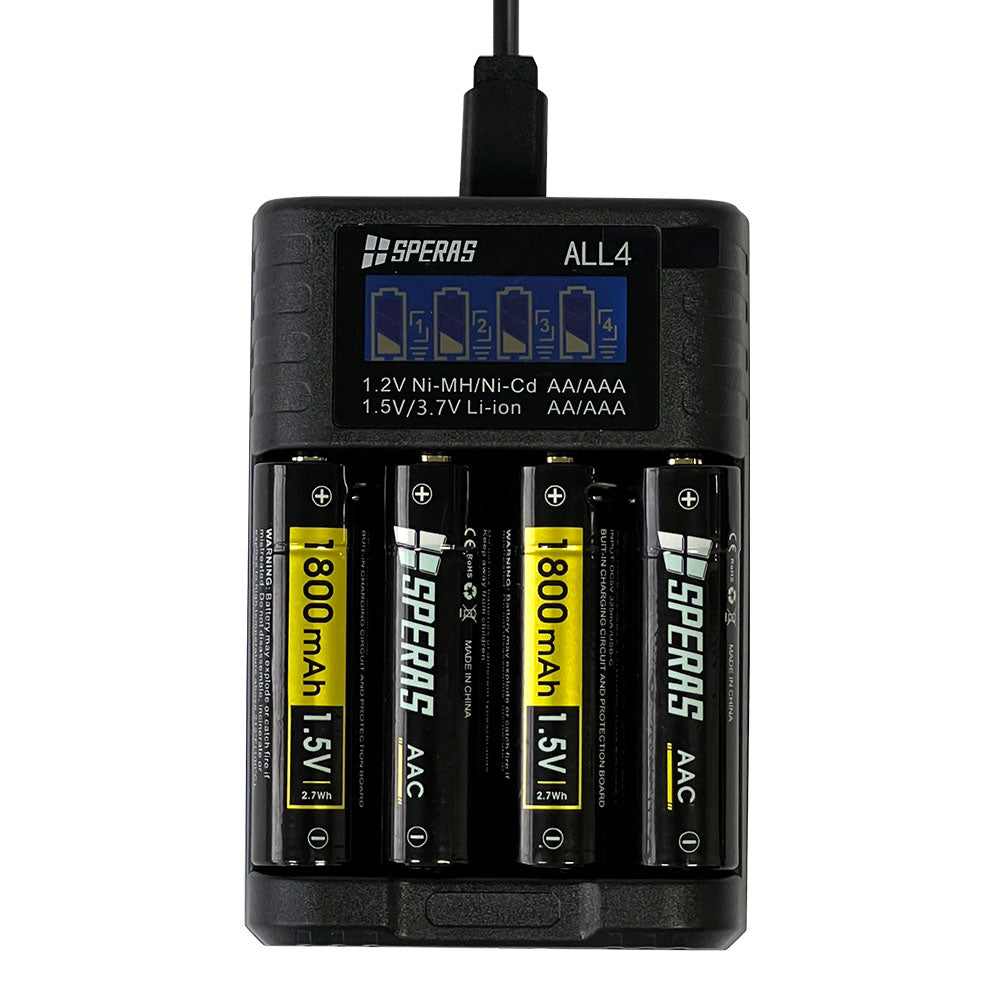 Top view of SPERAS ALL4 4-slot charger via USB-C charging AA and AAA batteries with active LCD screen