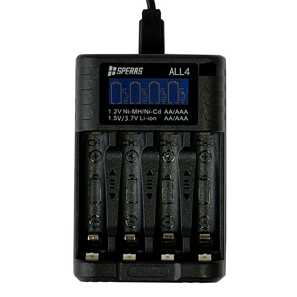 Visual LCD screen monitor empty 4 charging channels of SPERAS ALL4 universal battery charger