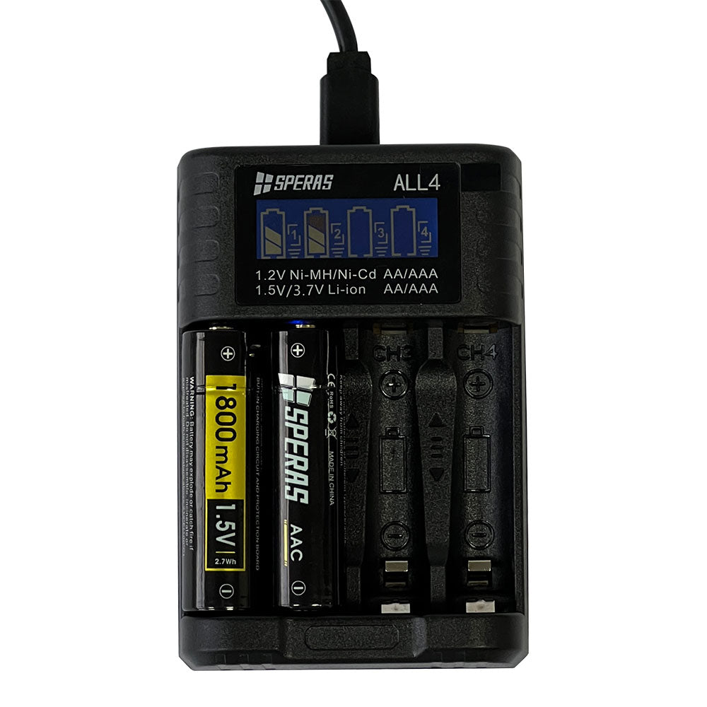 Side perspective of SPERAS ALL4 safely powering up 1.5V Lithium-ion and 1.2V Ni-MH rechargeable batteries