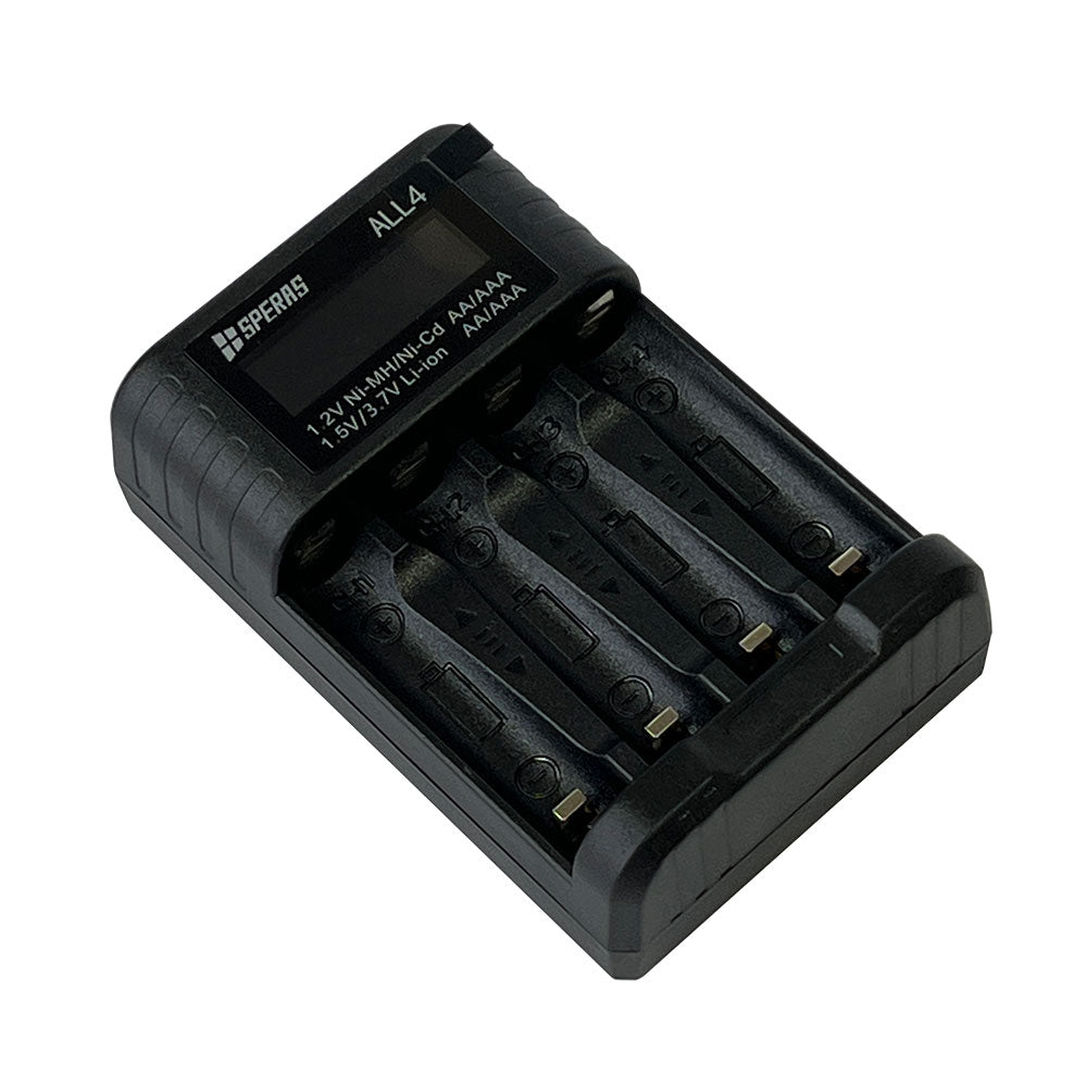 SPERAS ALL4 4-port smart battery charger loaded with multiple rechargeable cells for use