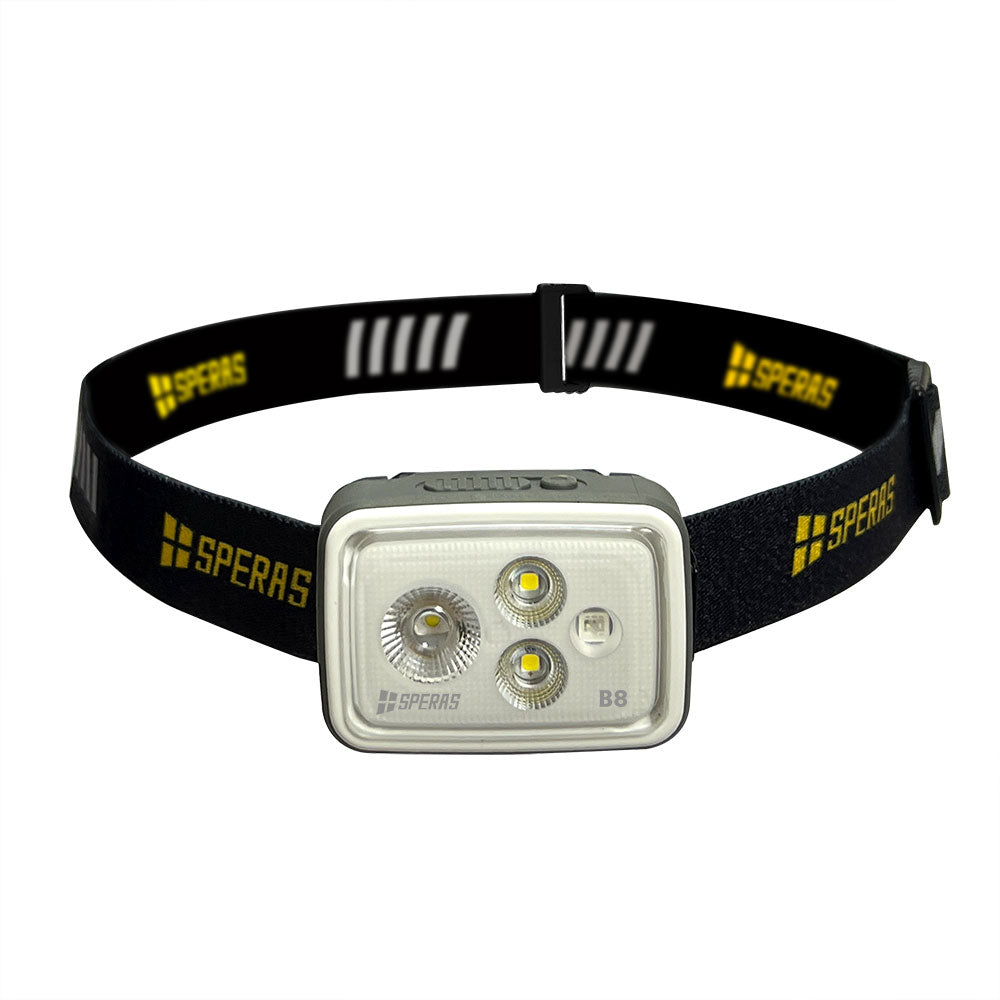 Front view of SPERAS B8 tactical headlamp showing 6-mode LED array including RGB lights