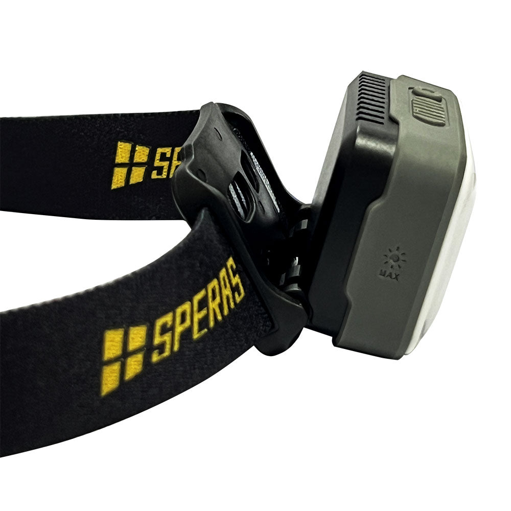 Side profile of SPERAS B8 headlamp showing the 30-degree adjustable tilt bracket
