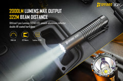 Bright 2000 lumen long distance light beam of the SPERAS E21 tactical flashlight
