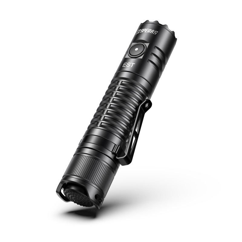 Angled profile of SPERAS EST compact tactical flashlight showing side switch and pocket clip