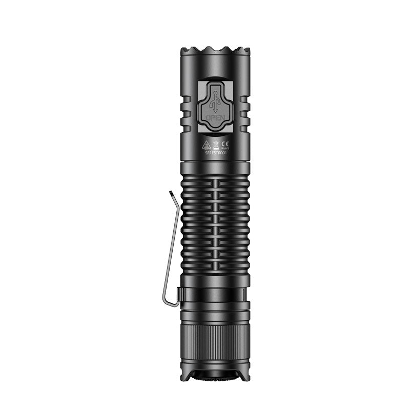 Side profile of SPERAS EST EDC tactical light featuring durable dual-way pocket clip