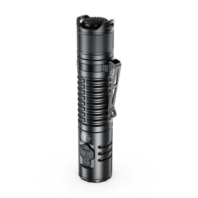 SPERAS EST rechargeable battery torch highlighting tactical U-shaped tailcap for secure operation