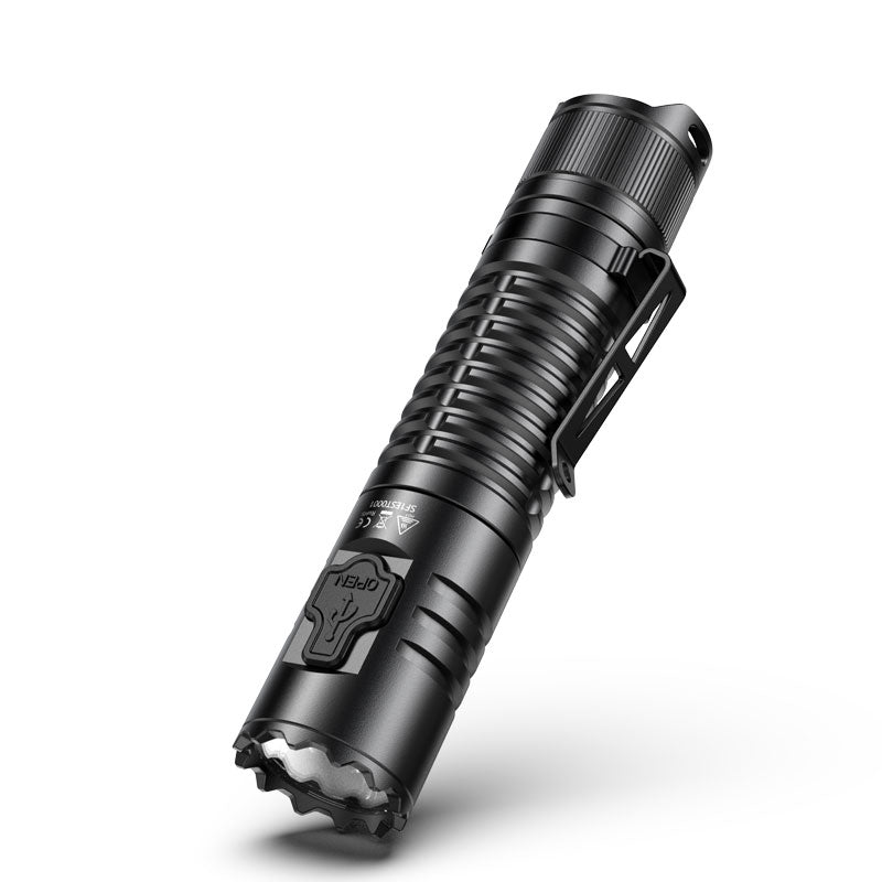 Close up of SPERAS EST tactical flashlight head featuring aggressive strike bezel and SMO reflector