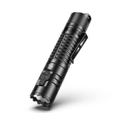 Close up of SPERAS EST tactical flashlight head featuring aggressive strike bezel and SMO reflector