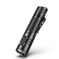 Close up of SPERAS EST tactical flashlight head featuring aggressive strike bezel and SMO reflector