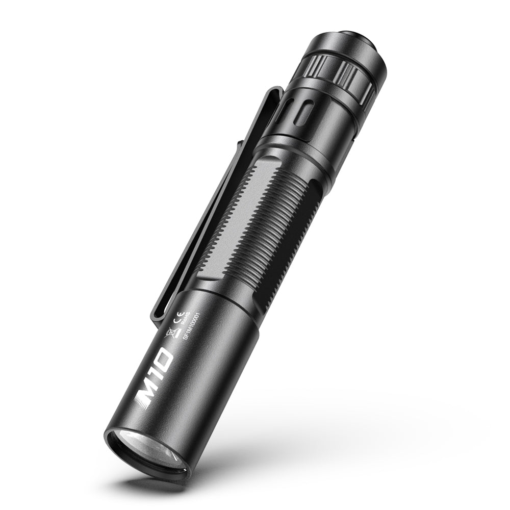 SPERAS M10 everyday carry pocket flashlight highlighting PMMA TIR optical lens