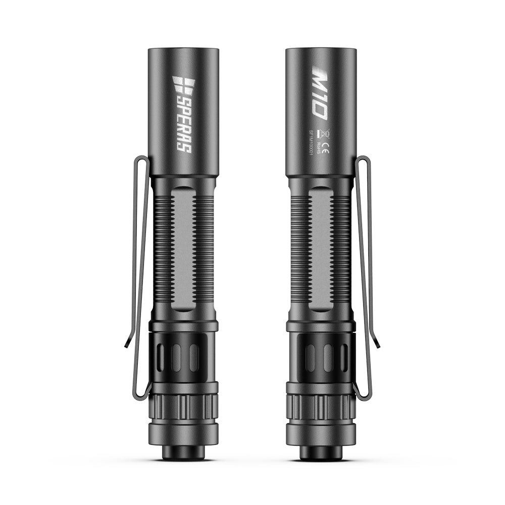 SPERAS M10 compact AAA penlights standing upright showing slim aluminum body