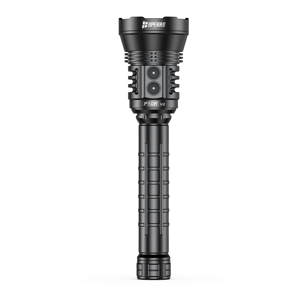 Front profile of SPERAS P10R V2 heavy duty LED flashlight showing intuitive multi-function dual buttons
