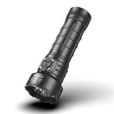 Angled view of SPERAS P4 compact LED searchlight showing side switch and aerospace aluminum body