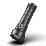 Angled view of SPERAS P4 compact LED searchlight showing side switch and aerospace aluminum body