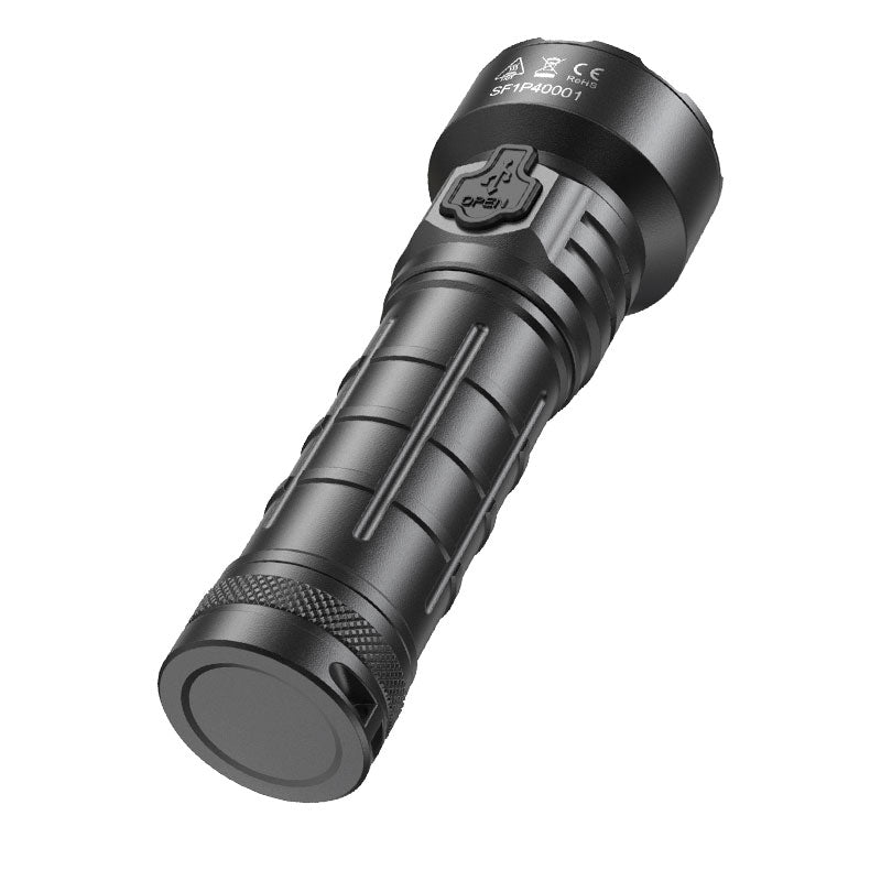 SPERAS P4 rechargeable flashlight showing flat tail cap design for stable standing