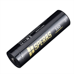 Angled view of SPERAS S50 15A high drain 21700 lithium battery