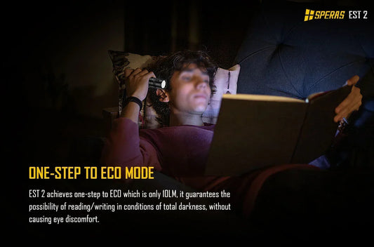 A man reading a book in the dark using the eco mode of a SPERAS everyday carry flashlight