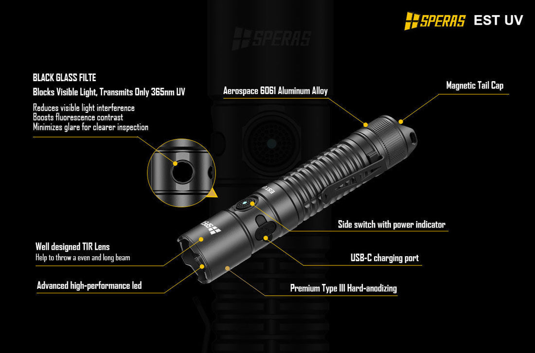 SPERAS EST UV Dual Source Tactical Flashlight | 5W 365nm & 2300lm