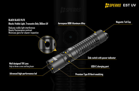SPERAS EST UV Dual Source Tactical Flashlight | 5W 365nm & 2300lm