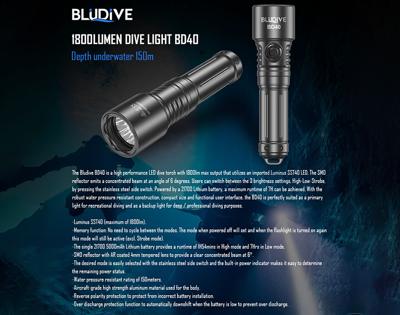 BLUDIVE BD40 1800lm 150m Waterproof Scuba Dive Flashlight