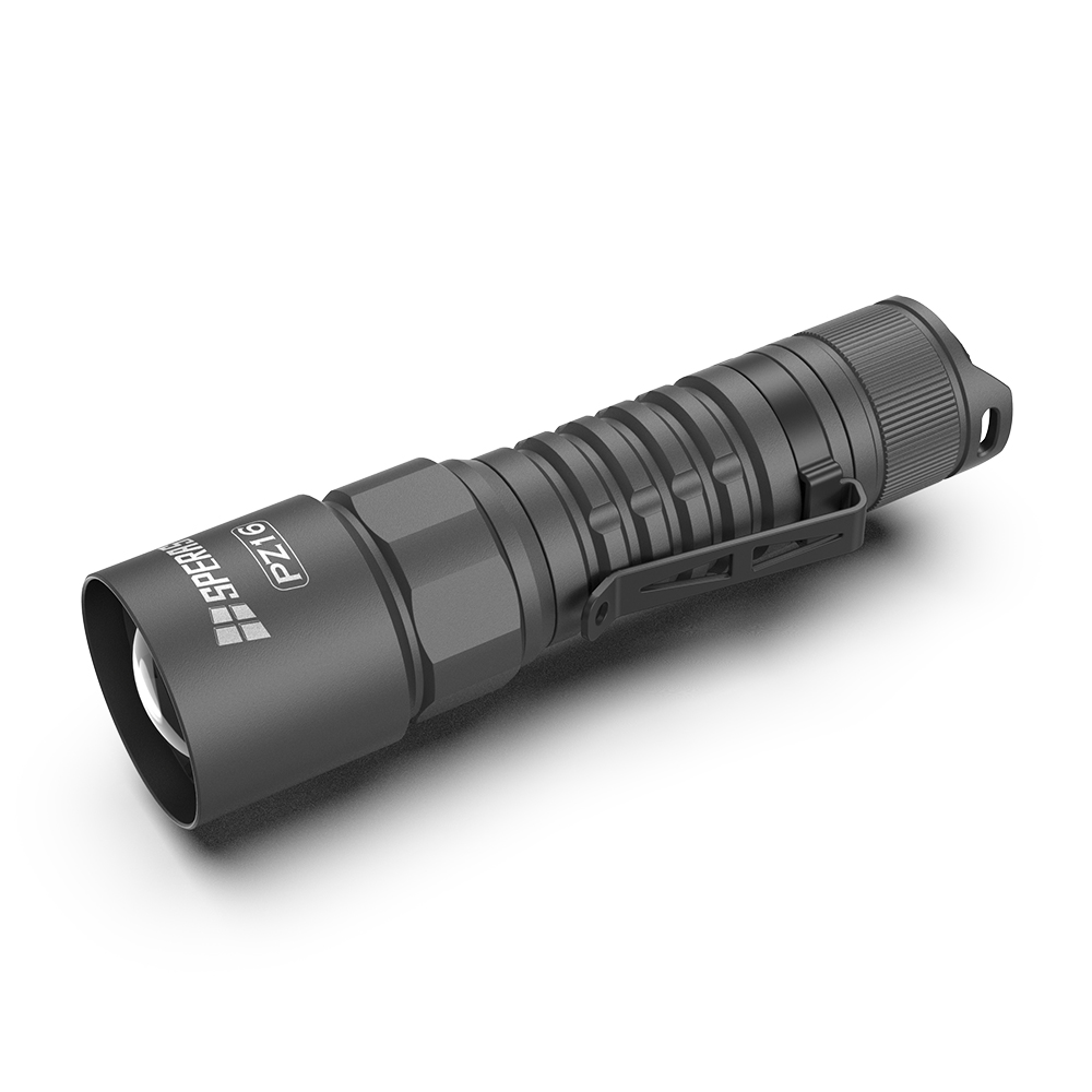 SPERAS PZ16 high capacity 18650 rechargeable hunting flashlight displaying tactical tail switch for rapid deployment