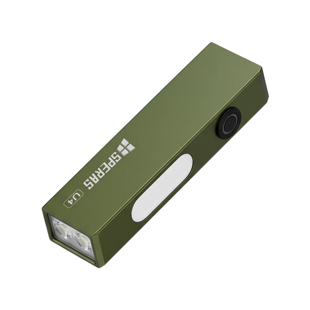 SPERAS U4 army green magnetic pocket light displaying front lenses and COB side light