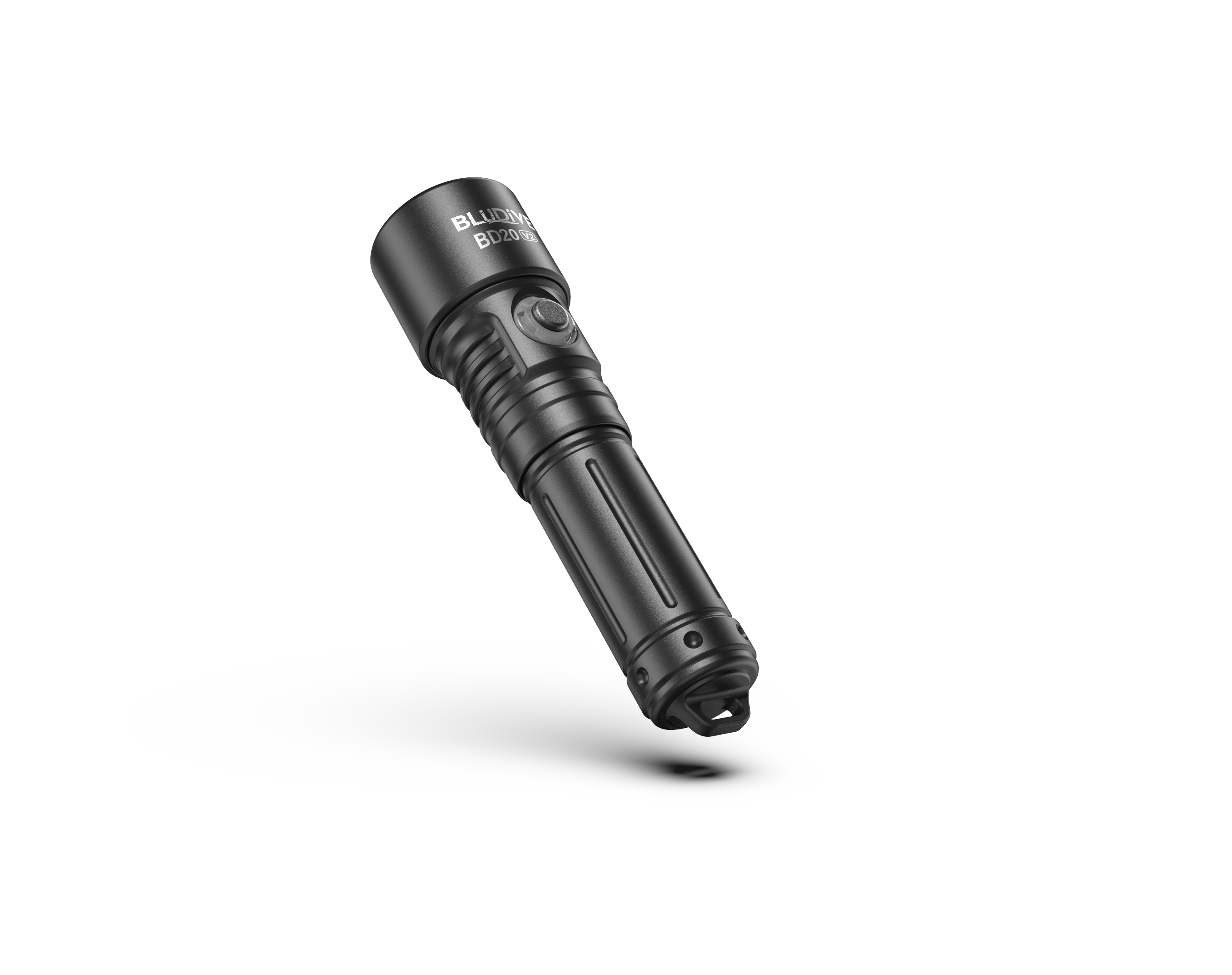 BLUDIVE BD20 V2 Scuba Diving Torch rear angled view highlighting the stainless steel side switch and ergonomic anti-slip body design
