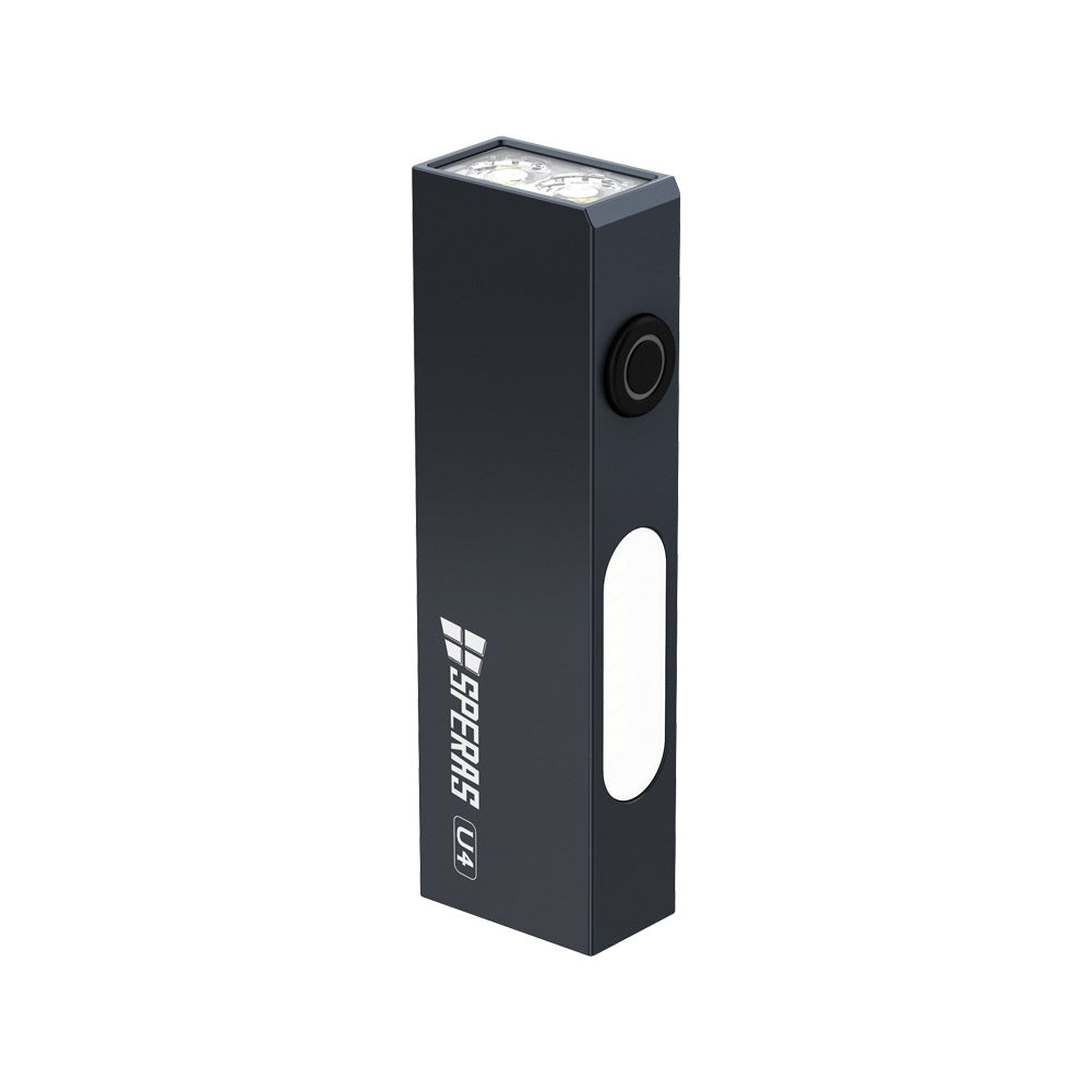 SPERAS U4 black EDC keychain flashlight showing 500-lumen dual LED and COB side light