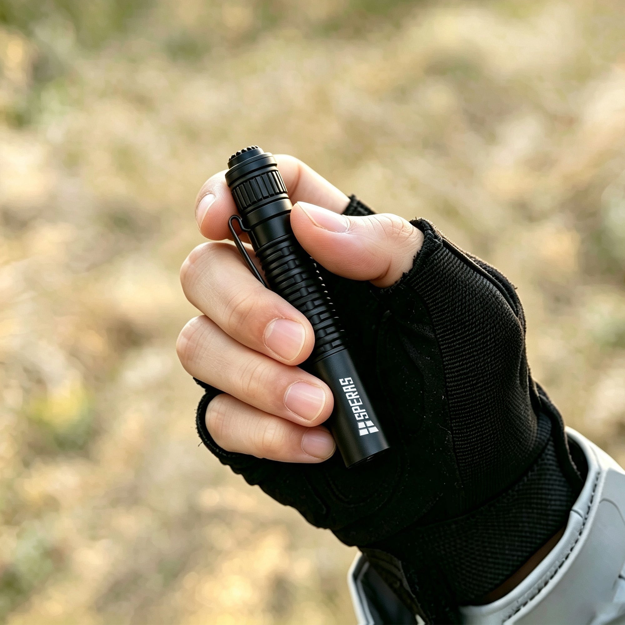 Compact Type-C rechargeable EDC flashlight, the SPERAS EST MIC in black, held in a tactical gloved hand showcasing its ultra-slim profile.
