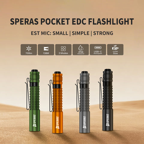 SPERAS EST MIC pocket EDC flashlight color collection. A compact Type-C rechargeable flashlight featuring 700 lumens, 138m throw, and IP68 waterproof rating.