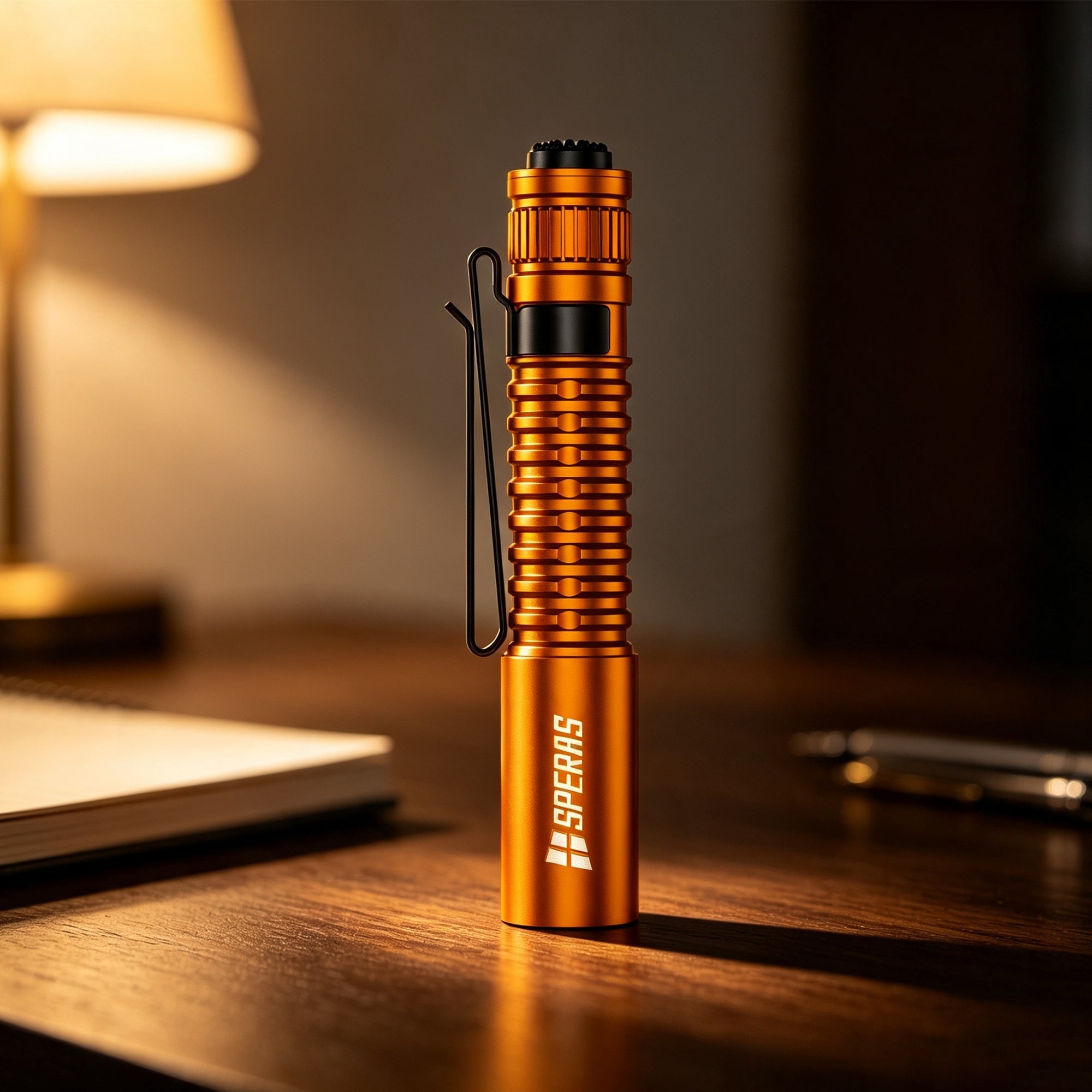 Orange SPERAS EST MIC ultra-slim penlight on a wooden desk. The perfect compact rechargeable EDC flashlight for professionals and urban everyday carry.