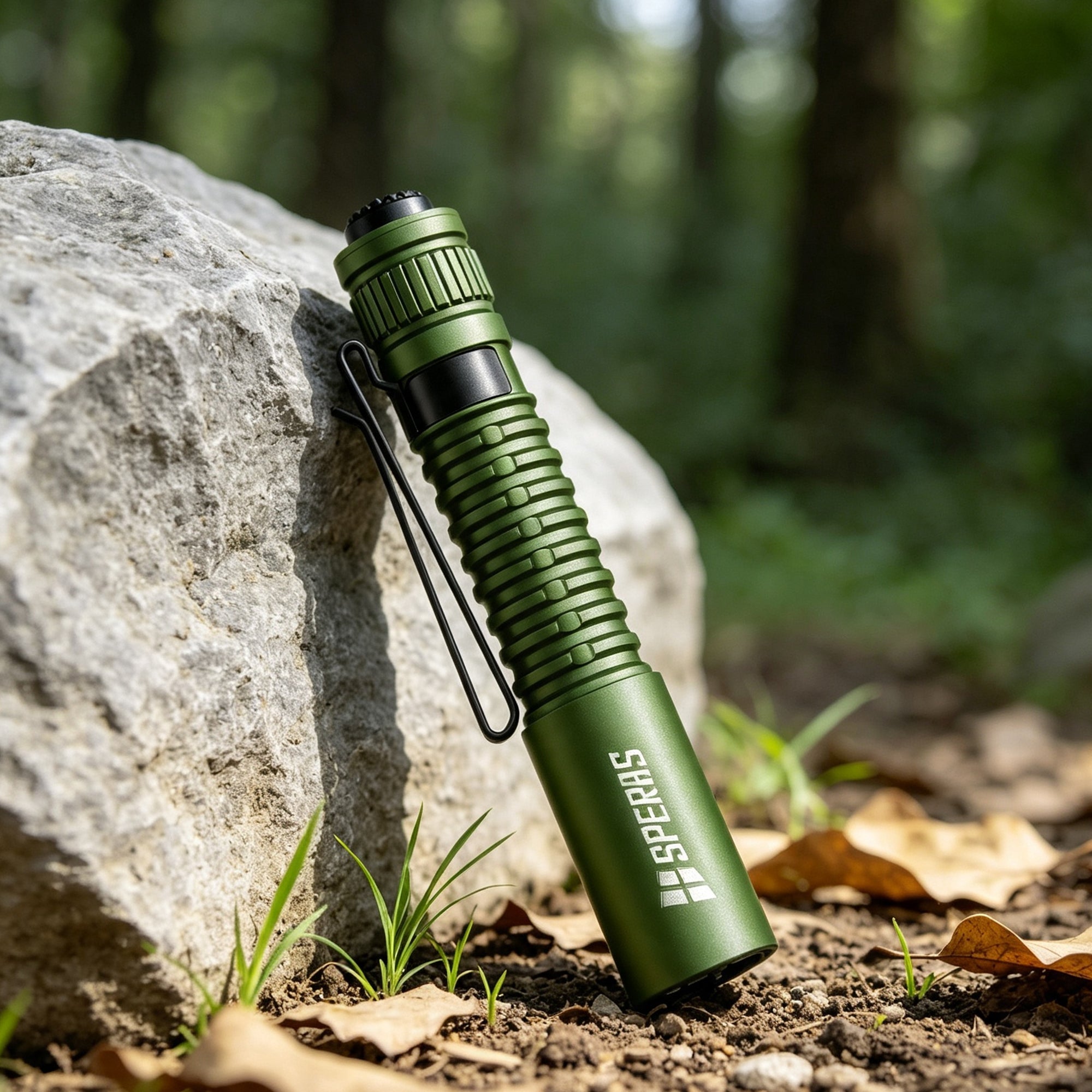 SPERAS EST MIC Type-C rechargeable pocket flashlight in green, showcasing its durable aerospace aluminum body in a forest setting.