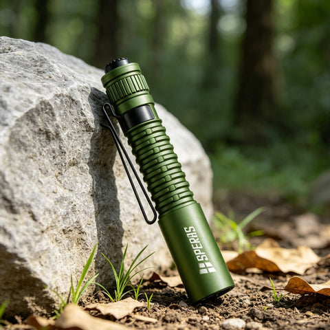 SPERAS EST MIC Type-C rechargeable pocket flashlight in green, showcasing its durable aerospace aluminum body in a forest setting.