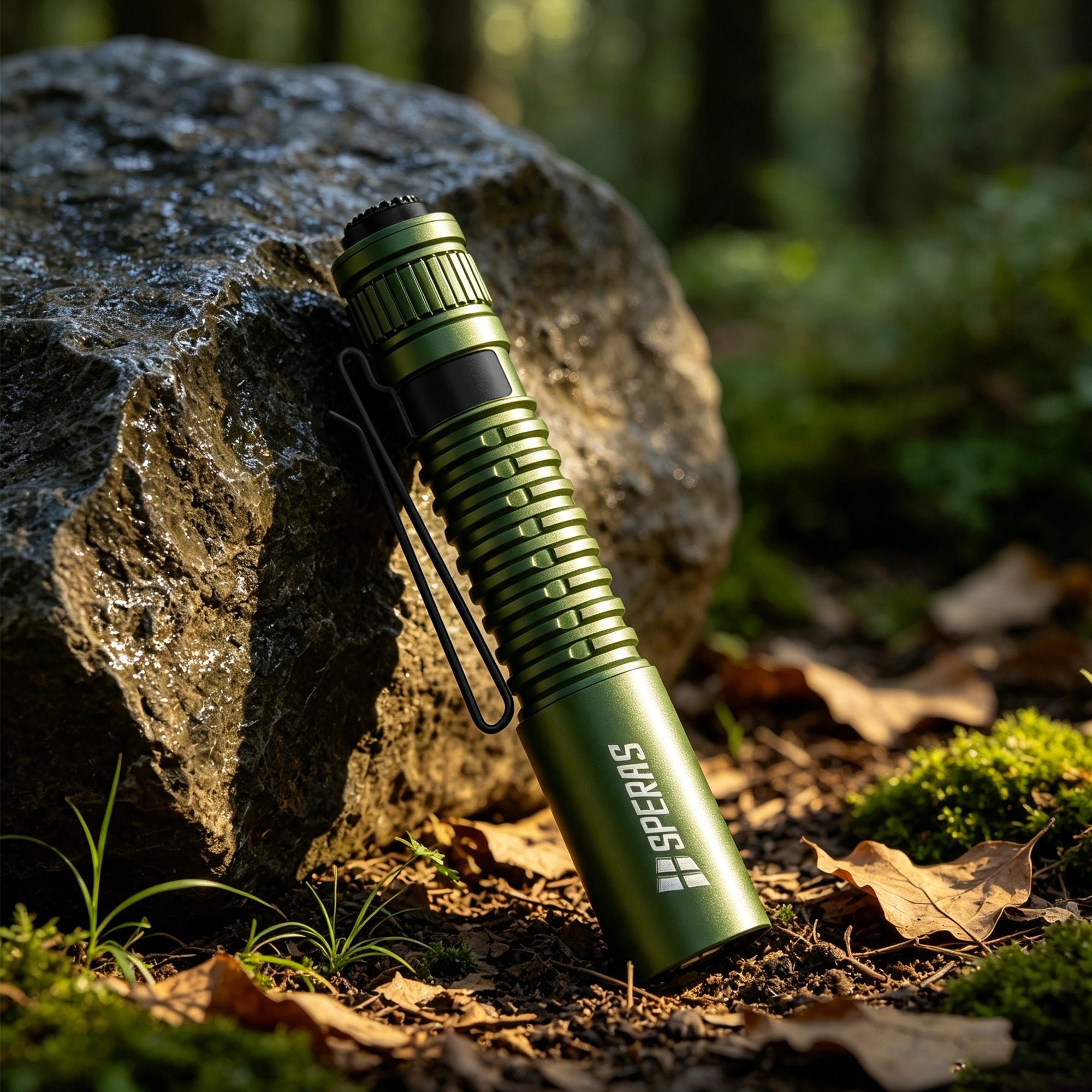 Green SPERAS EST MIC compact EDC flashlight resting on a rock, built for rugged outdoor everyday carry and hiking.