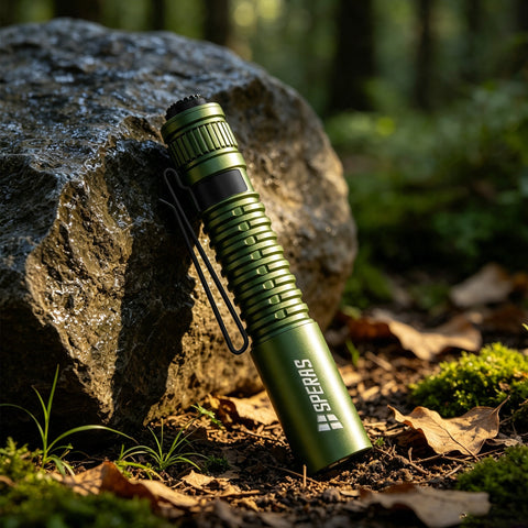 Green SPERAS EST MIC compact EDC flashlight resting on a rock, built for rugged outdoor everyday carry and hiking.