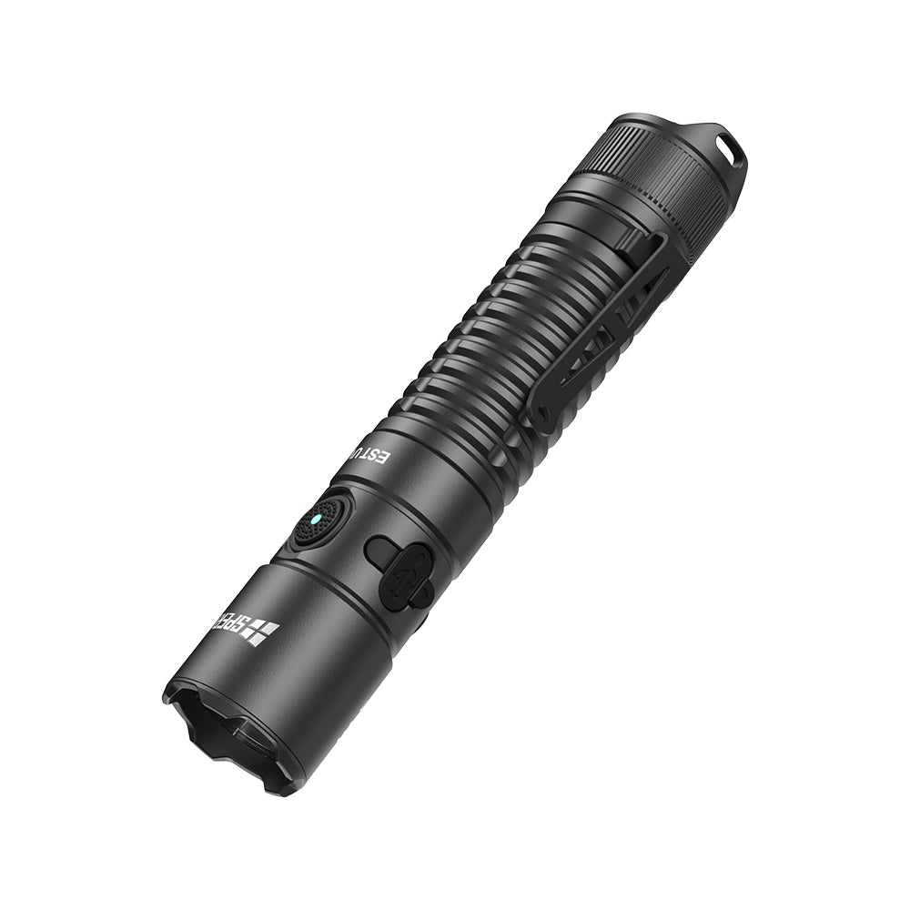 Bottom-up angled view of the SPERAS EST UV tactical flashlight showing the strike bezel and rugged body