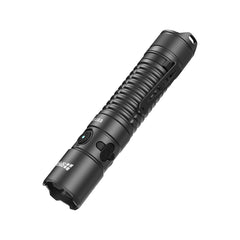 Bottom-up angled view of the SPERAS EST UV tactical flashlight showing the strike bezel and rugged body