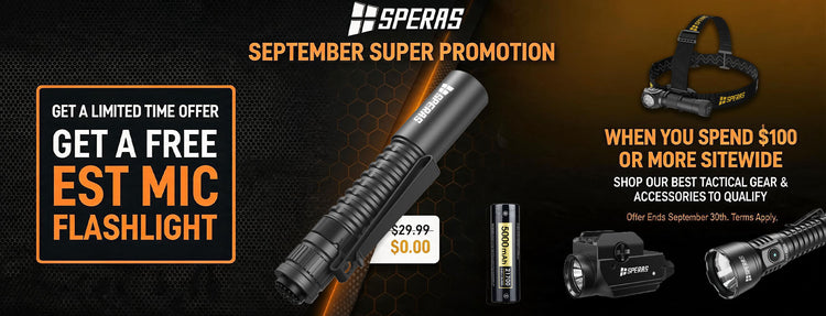 SPERAS September Super Promotion - Get a free EST MIC flashlight on orders over $100 sitewide with tactical flashlights and gear