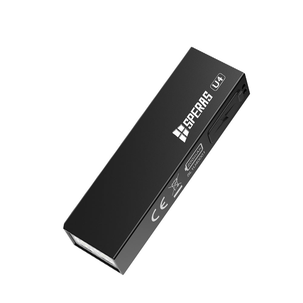 Back view of SPERAS U4 black magnetic EDC light displaying USB-C port and lanyard hole