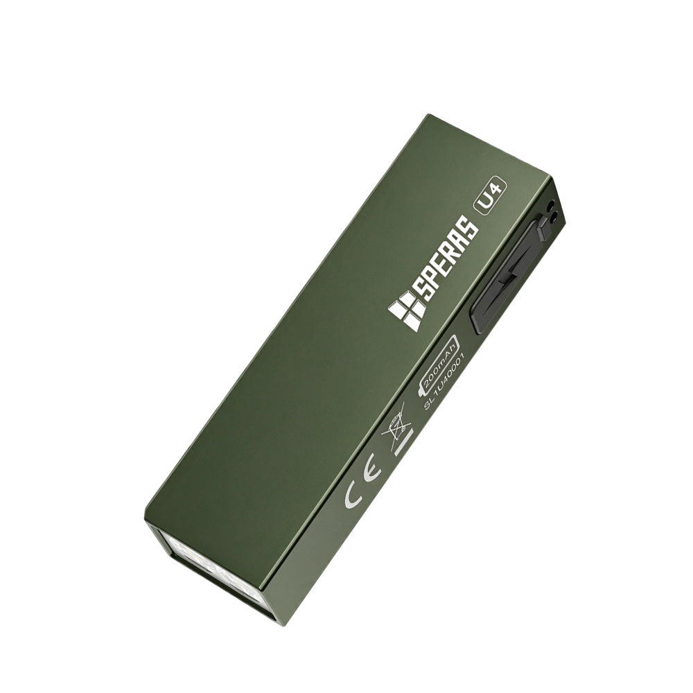 Back view of SPERAS U4 green keychain flashlight showing USB-C charging port cover and 200mAh battery label